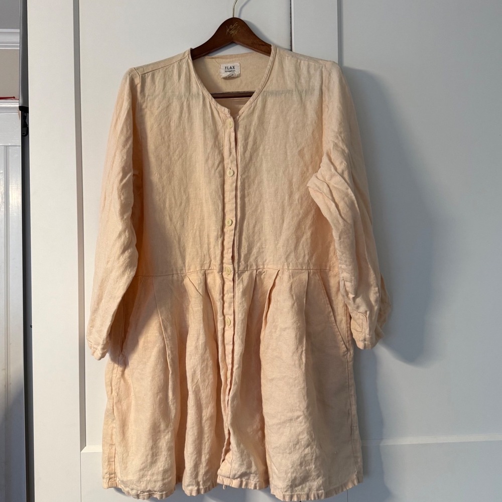 Vintage FLAX by Angelheart Peach 100% Linen Button Down Tunic Dress Size Small